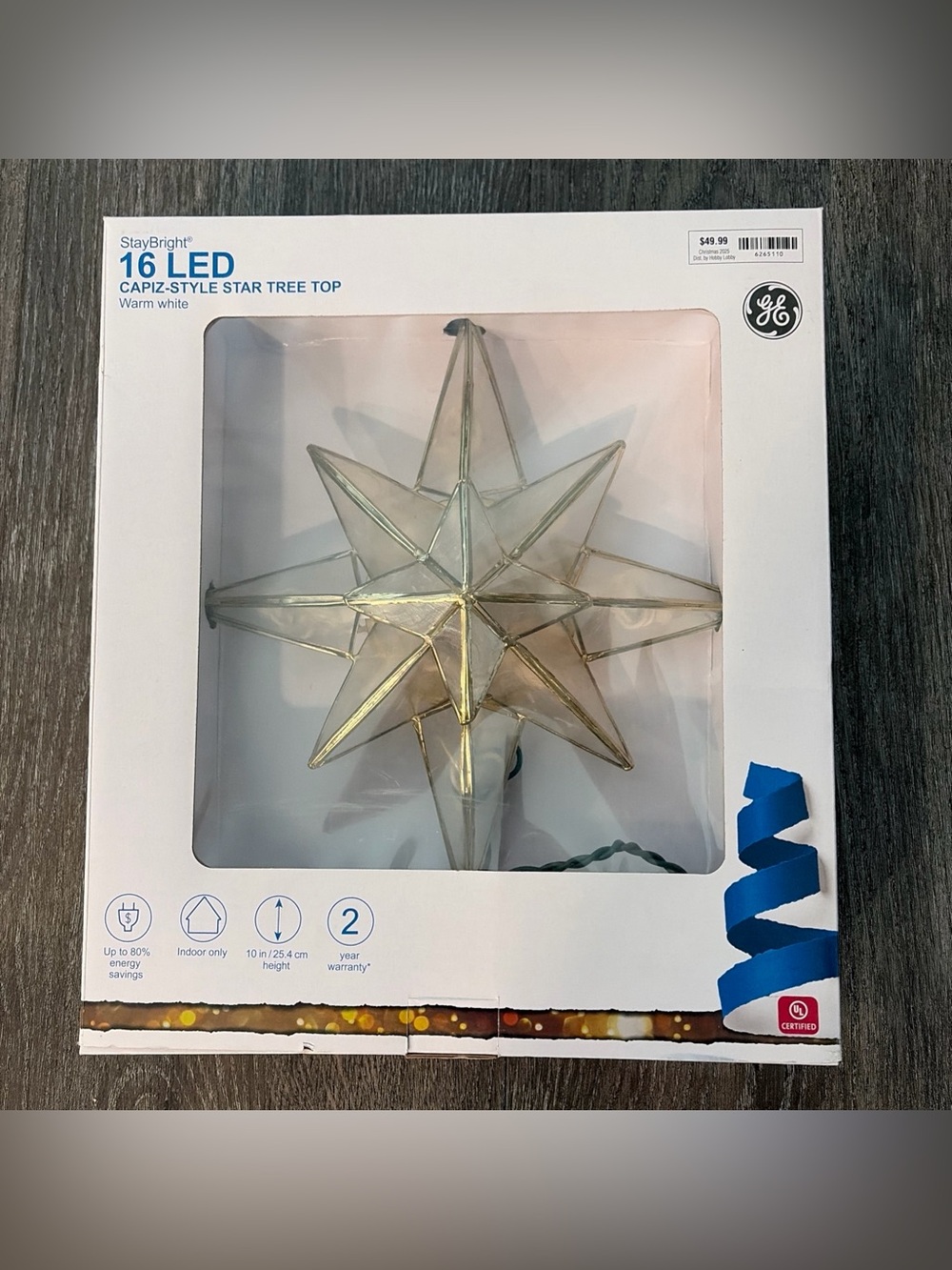 GE StayBright 16 LED Capiz-Style Star Tree Top - Warm White